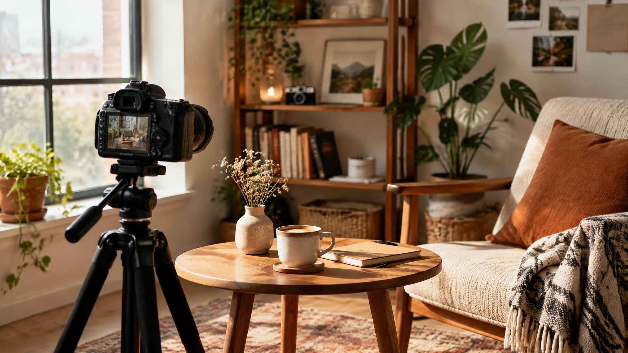 Lifestyle photoshoot setup with camera and natural light