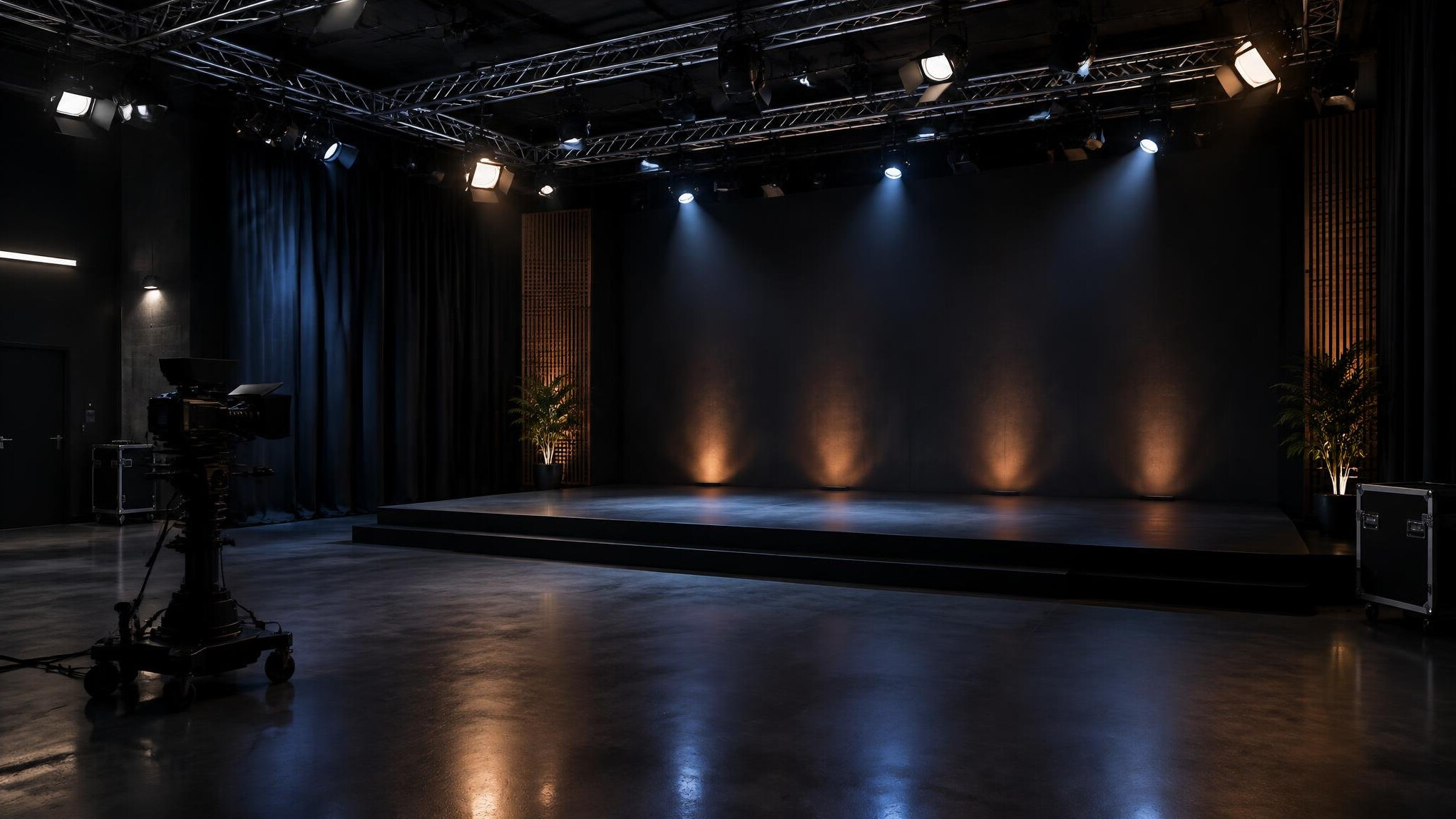 Empty entertainment production studio with lighting rig