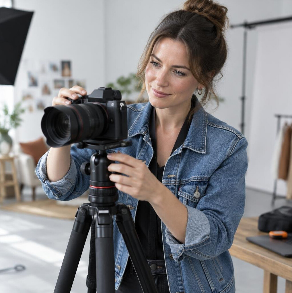 Photographer adjusting camera during a lifestyle photoshoot