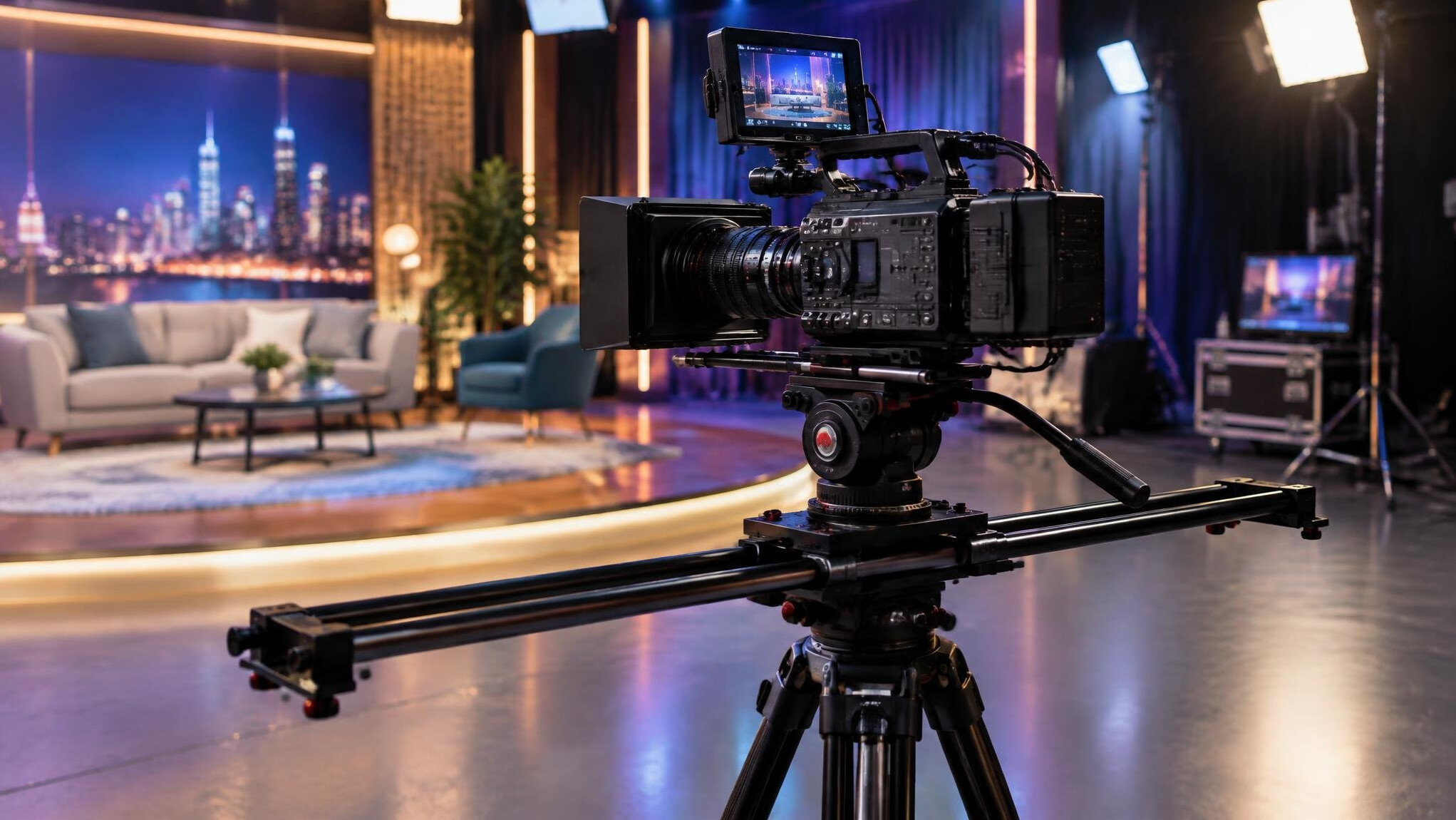 Camera mounted on a tripod with slider for smooth movement